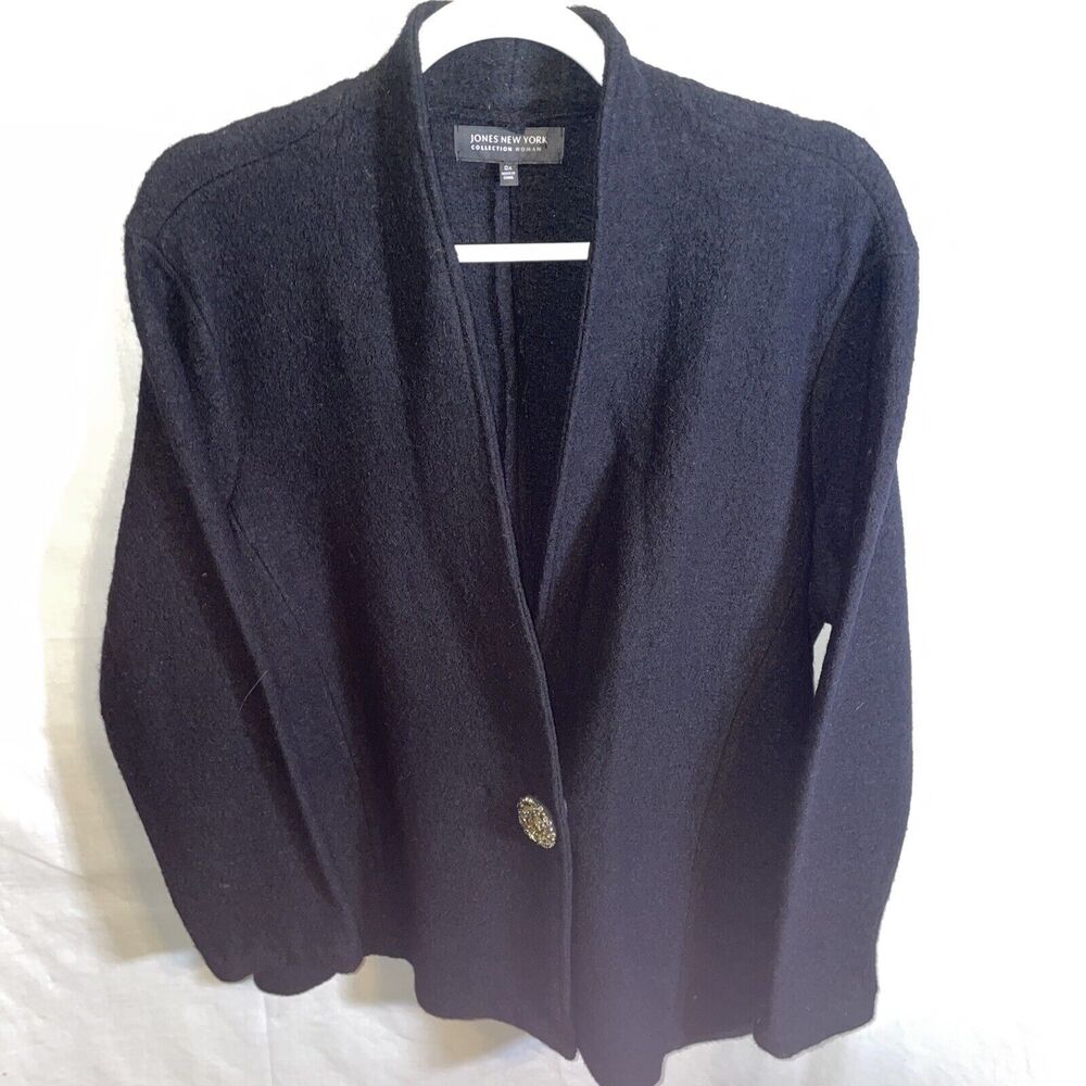 Jones New York Fashion Jacket Womenâs Size 0X Black 100% Merino Wool Long Sleeve